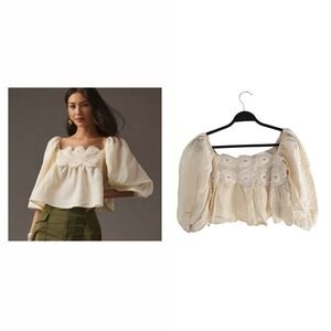 Anthropologie Cream Crochet Lace Babydoll Crop‎ Top Puff Sleeve Linen Blend XS
